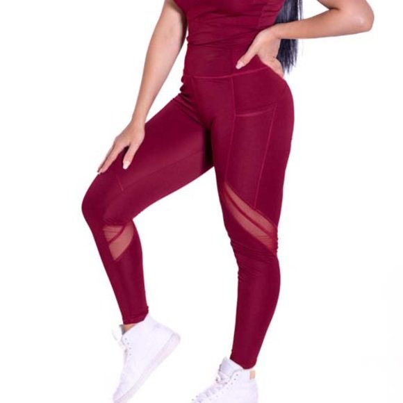 High-Waisted & Mash Panel Gym and Yoga Leggings with Side Pockets Burgundy - Picture 1 of 6